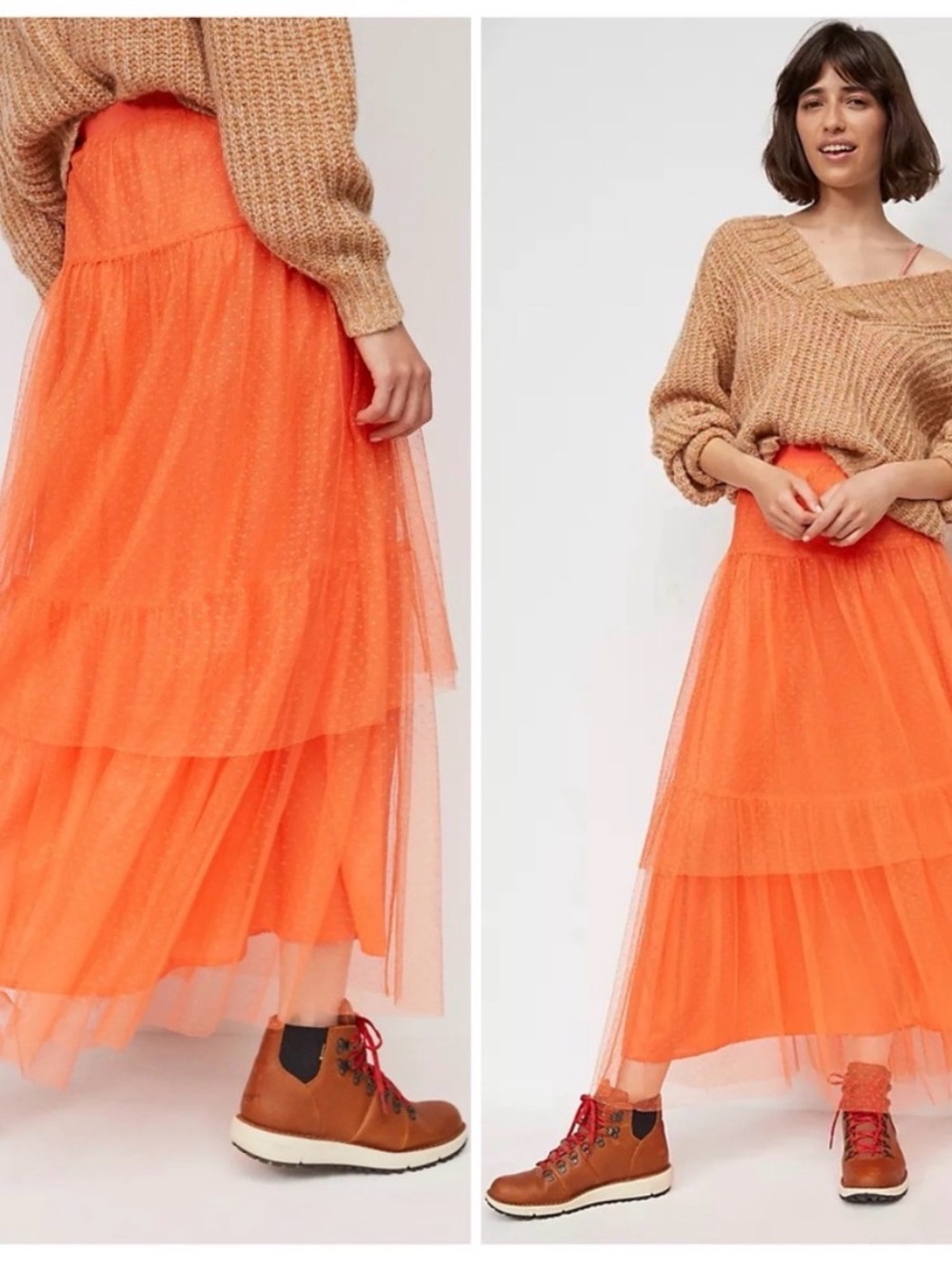 Anthropologie Orange Tiered Tulle Maxi Skirt